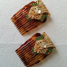 Vintage Art Deco/Art Nouveau Rhinestone Brown Pair of Hinged Hair Combs