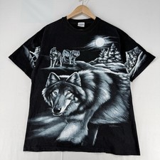 Vintage All Over Print Wolf Wolves T Shirt Single Stitch 90s Black Size XL