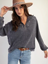 Easel Women's Thermal Waffle Knit Zip-Up Mineral Washed Top in Navy Blue