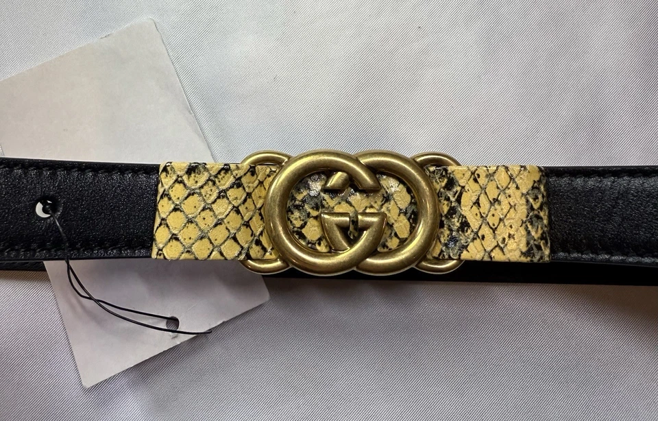 NOVO $650 GUCCI 85 CM GG Logotipo 100% Fivela de Pele de Cobra Cinto Preto Couro de Bezerro - Imagem 3 de 4