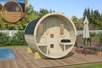 Saunafass Fasssauna Saunahaus 205x250cm Fichte +Terrasse +Glasrückw !!AM LAGER!!