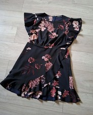 Boohoo Black Floral Flared Dress Ruffle Frill Textured Mock Wrap Retro UK18
