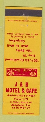 Matchbook Cover - J&B Motel Cafe Andalusia AL low phone #
