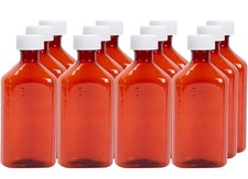 Lot Of 12 Piece 2 oz Amber Oval Liquid Medicine Bottle, Plastic With Caps