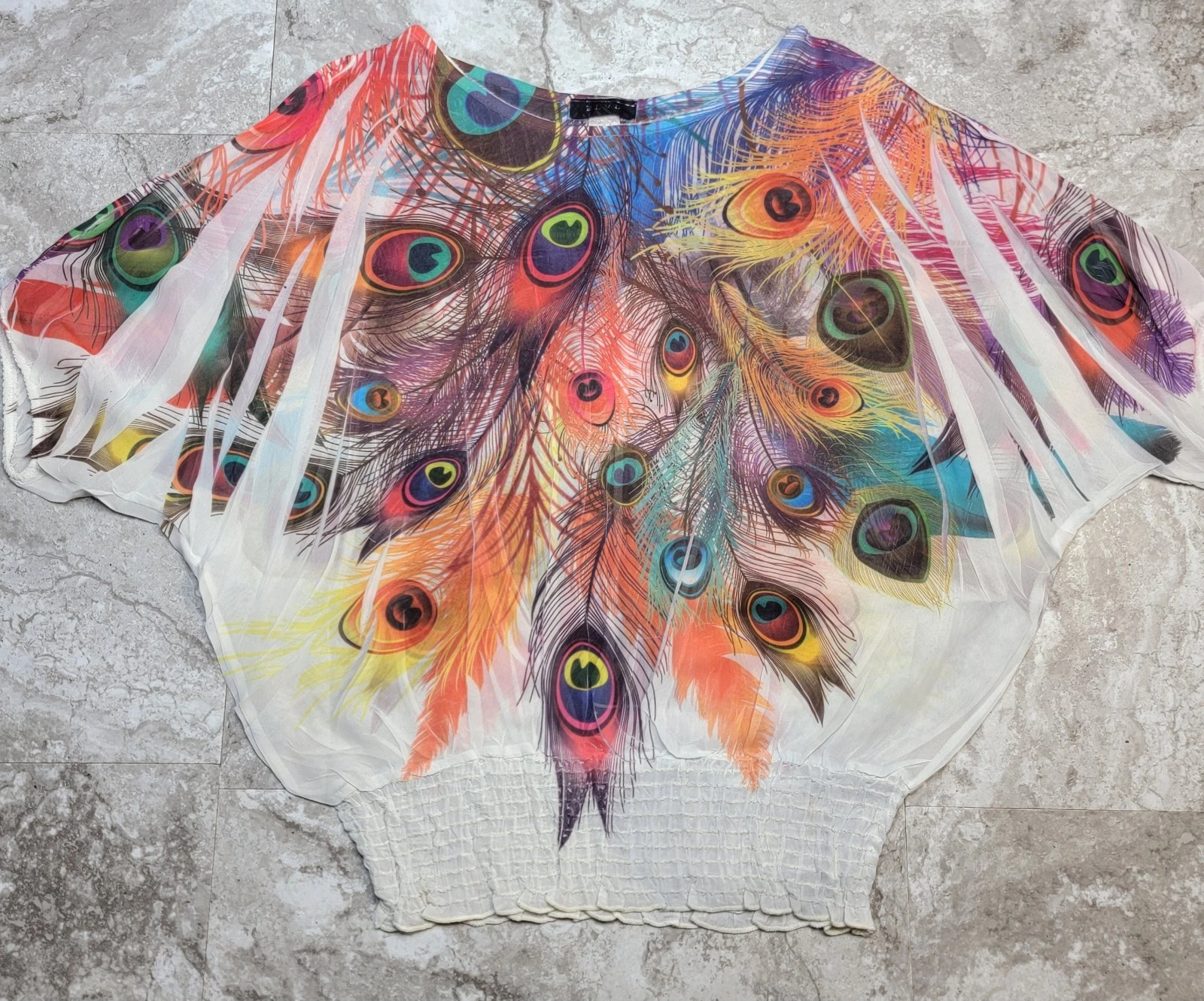Vtg Womens L Poncho Top Short Sleeves Smock White Colorful Peacock Resort Bechy