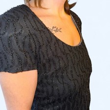 Vtg 80s 90s short black sparkly party dress w shoulder pads and rhinestones