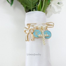 Personalized Something Blue Bridal Bouquet Pin, Wedding Brooch Catholic