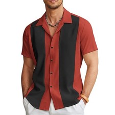 UK Men Bowling Shirt Cuban Style Retro Short Sleeve Camp Button Down Casual Top.