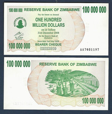 Zimbabwe 100000000 DOLLARS P-58 2008 100 Million AA UNC Trillion Series NOTE