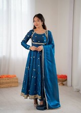 Women Deep Blue Anarkali Gown Dupatta Set Fandy Silk Fabric Dress