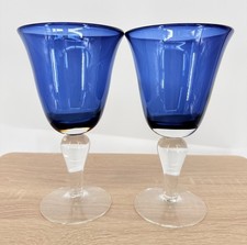 Cobalt Blue Water Wine Goblets Set of 2 Hand Blown Glass Drinkware Coastal