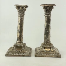 Antique Sterling Silver Pair Of Candlesticks Corinthian Column 22cm A/F