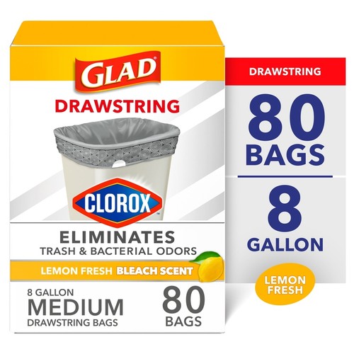 Clorox Drawstring Trash Bags 8 Gallon Odor Control Lemon Scent 80 Count New - Picture 2 of 14