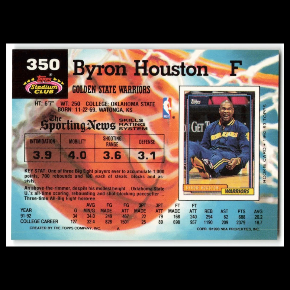 Byron Houston Rookie #350 1992 Topps Stadium Club Golden State Warriors Card NBA - Image 2 of 3