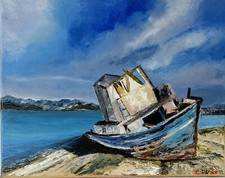 tableau huile sur toile coton   "  Bateau échoué " au couteau