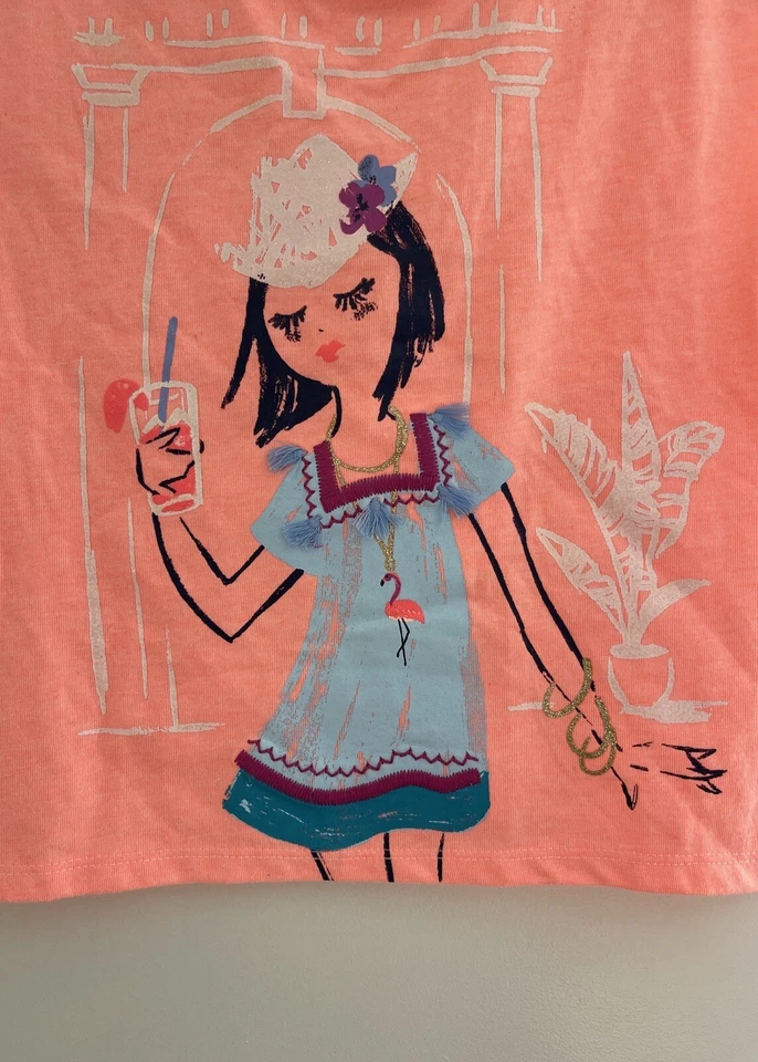 Gymboree Kids Girls Glitter Embroidered Girl Triangle Cut-Out Top Coral XS NWT - Image 2 of 3