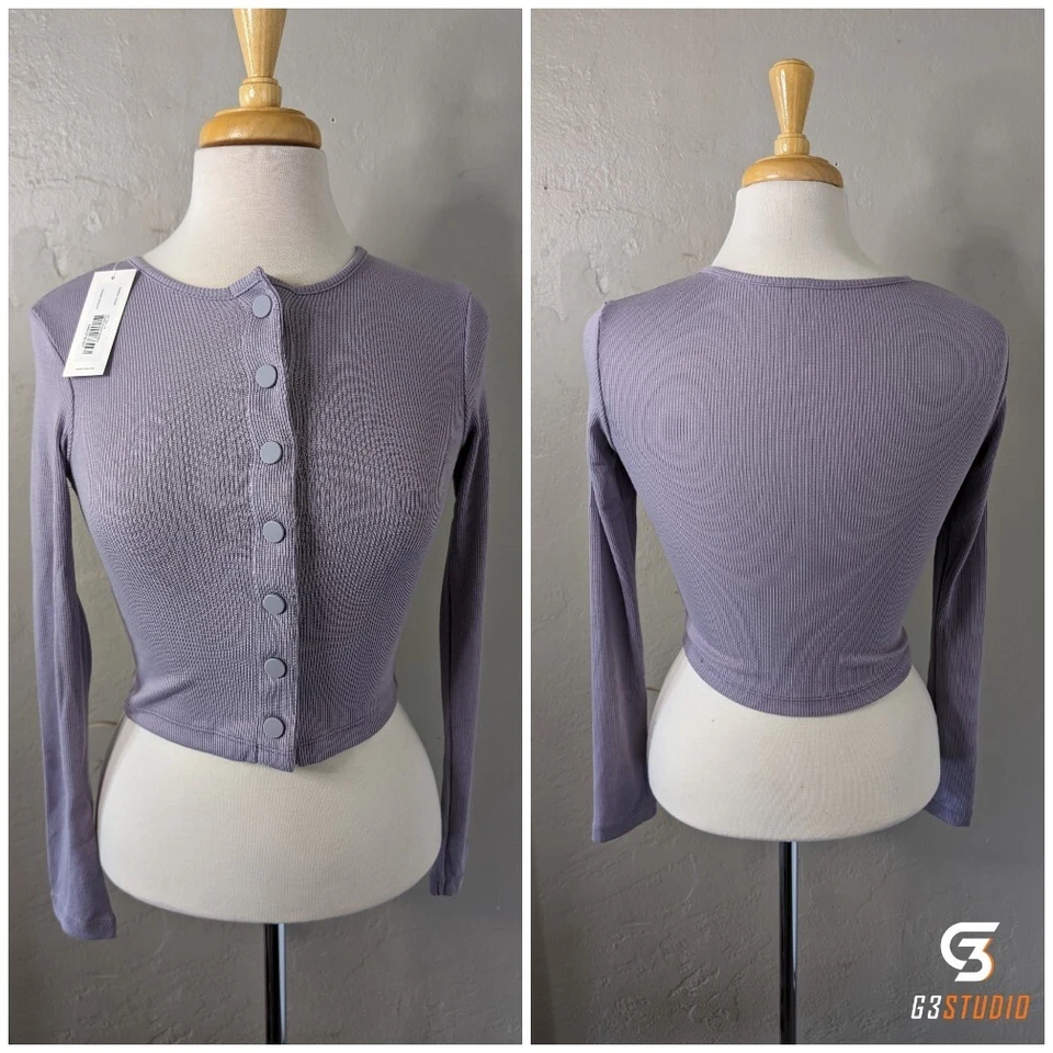 Suéter cardigã cropped outdoor voices roxo aconchegante com nervuras tamanho P novo com etiquetas