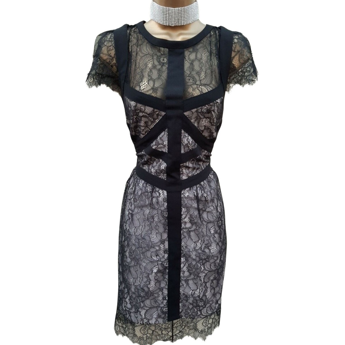 Karen Millen 12 UK Black Delicate Lace Panel Shift Dress Party