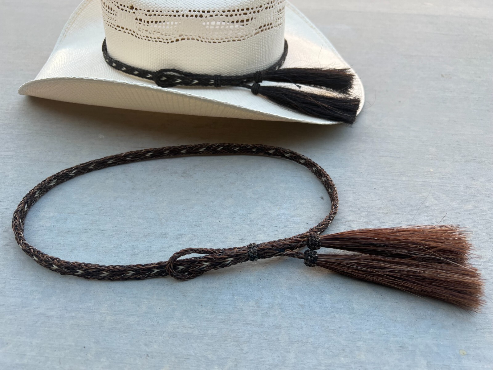 Light Brown western cowboy hat band,  Horse Hair Braided Tassels Adjustable Band