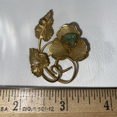 Vintage Gold Tone Purple Leaf Faux Pearl Green Stone Brooch Pin 1.5” By 1.25” - Picture 11 of 11