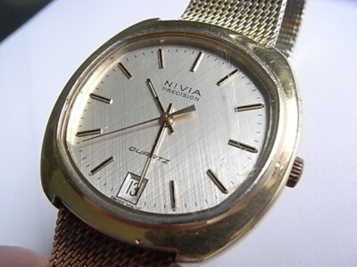 Herren Vintage Armbanduhr Nivia Precision Swiss Gold 10 Mkr. Plaque läuft