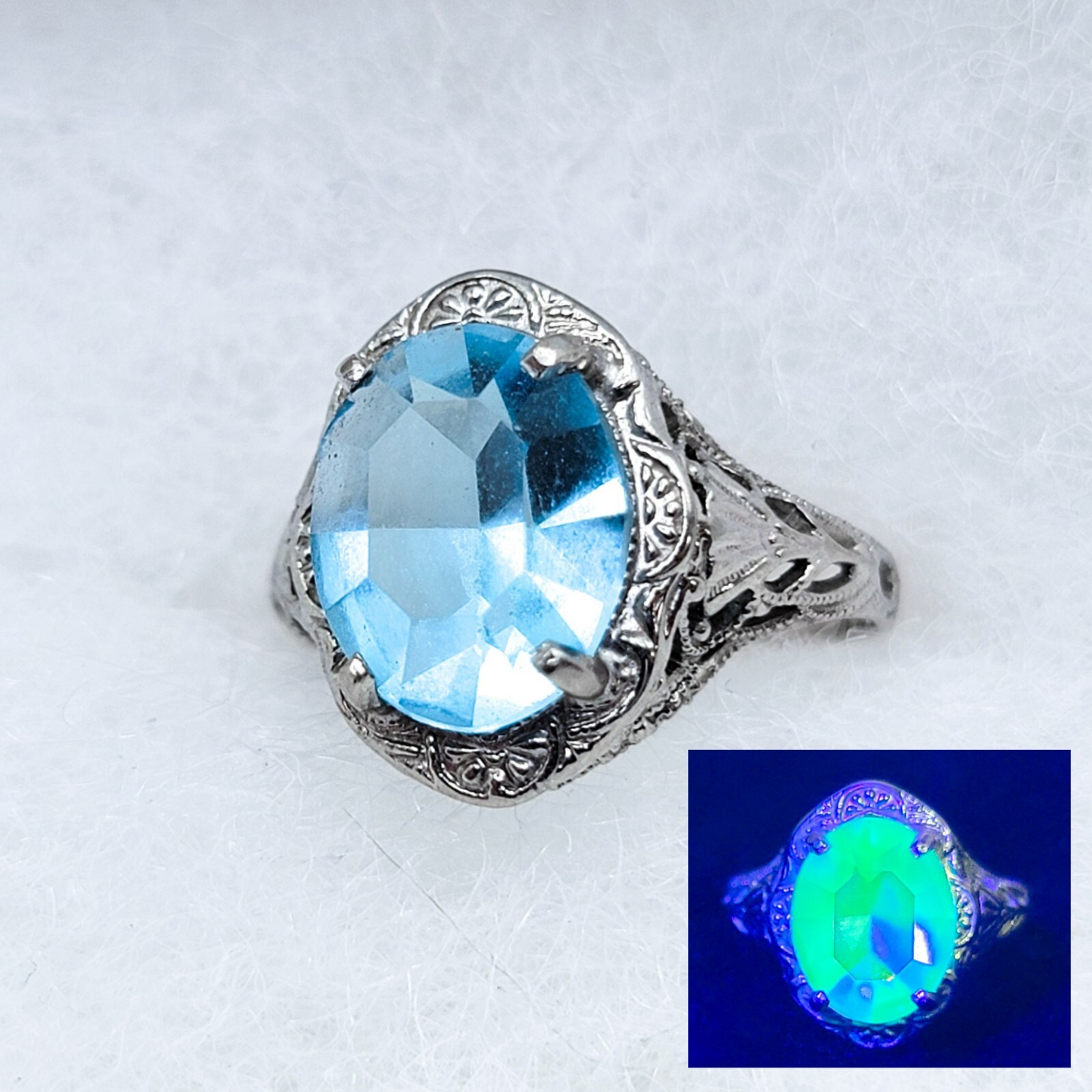 14k Blue Uranium Glass Ring 1930s Rare Aqua Art Deco … - Gem