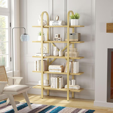 Industrial 5-Tier Arched Bookshelf, 72" Tall Wood Metal Display Rack