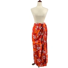 Vintage Y2K 90s Retro Orange Hawaiian Sarong Swim Cover Up Floral One Size Aloha