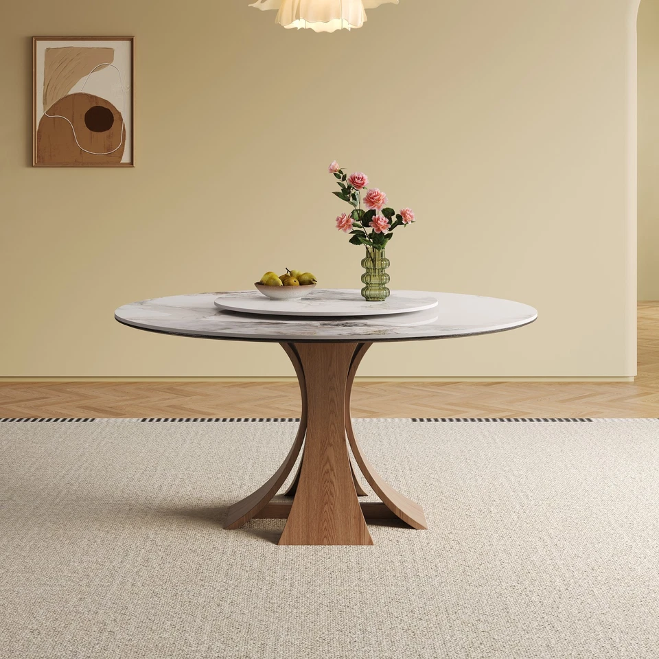 9 Pieces Sintered Stone Dining Set 59"  Table W/ a 35" Round Turntable 8 Chairs - Image 3 of 4