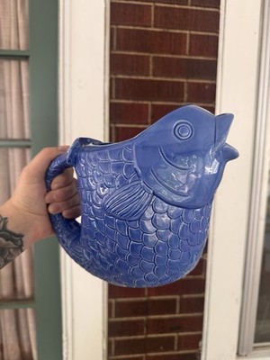 Vintage Summer Oasis Fish Pitcher - Periwinkle Blue Ceramic Gluggle Pot Style