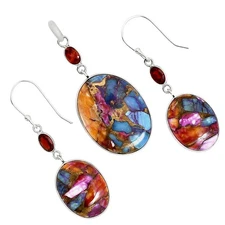 Kingman Orange Dahlia Turquoise & Garnet 925 Silver Pendant Earrings Set T-1010