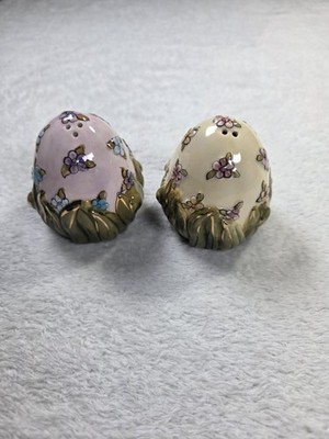 Heather Goldminc Blue Sky Clayworks Floral Egg Salt Pepper Shaker Set 2004