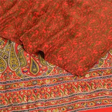 Sanskriti Vintage Saree Red Pure Crepe Silk Floral Printed Sari 5.5 Yd Fabric