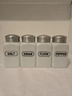 Vintage McKee Milk Glass Shakers Set Salt Sugar Flour Pepper Aluminum Lids
