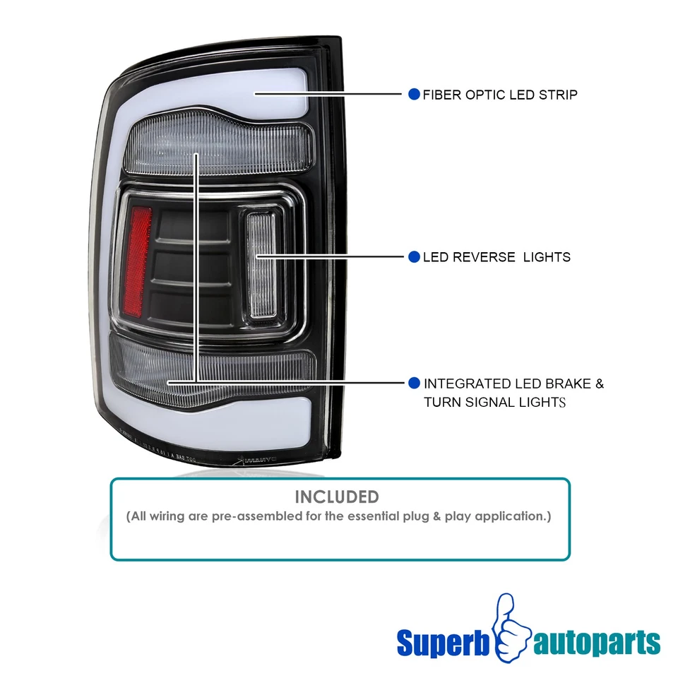 For 2009-2018 Dodge Ram 1500 2010-2018 2500 3500 Black Tail Lights+LED Strip Bar Foto 3 de 4