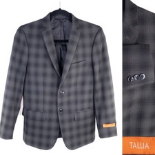 Tallia Boys Size 14R Gray Wool Blazer Jacket Button Closure Plaid Windowpane