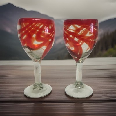 Vintage Set of 2 Hand Blown Red Swirl Water/Wine/Drink Goblets/Glasses 12 Oz