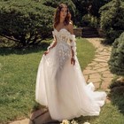 Flower Appliques Wedding Dresses Off the Shoulder Tulle Pleat A-line Sweep Train
