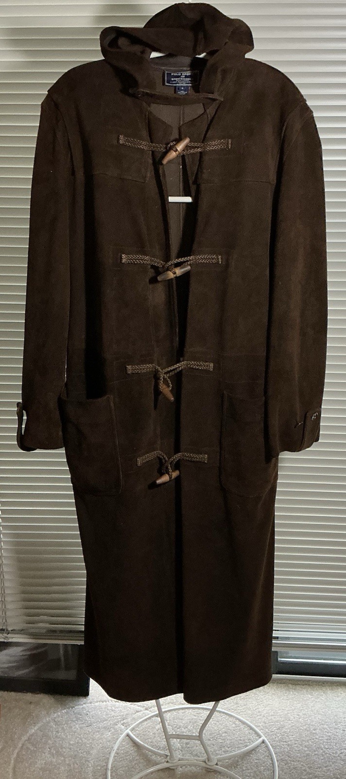 Vtg Brown Suede Leather Ralph Lauren POLO Sport Long Coat Sz S Toggle Hooded