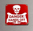 VINTAGE DANGER HANDS OFF PORCELAIN SIGN CAR GAS TRUCK OIL MOTORCYCLE