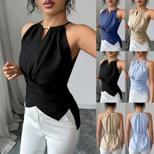 Ladies Vest Cami Lace-up Ruched Tunic Tank Tops Blouse Summer Halter neck Shirts