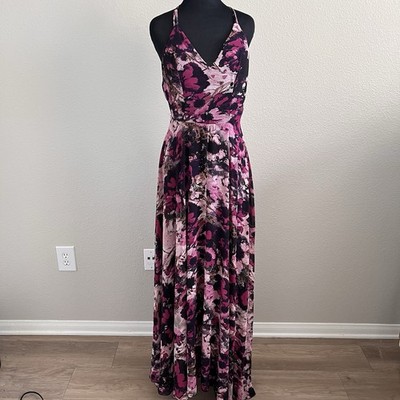 Small Floral Maxi Dress Flowy Sleeveless Boho Romantic Evening Cross Back Lined