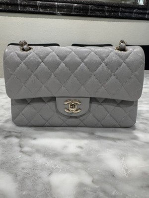 CHANEL Classic Medium Double Flap Quilted Caviar Leather Handbag GREY