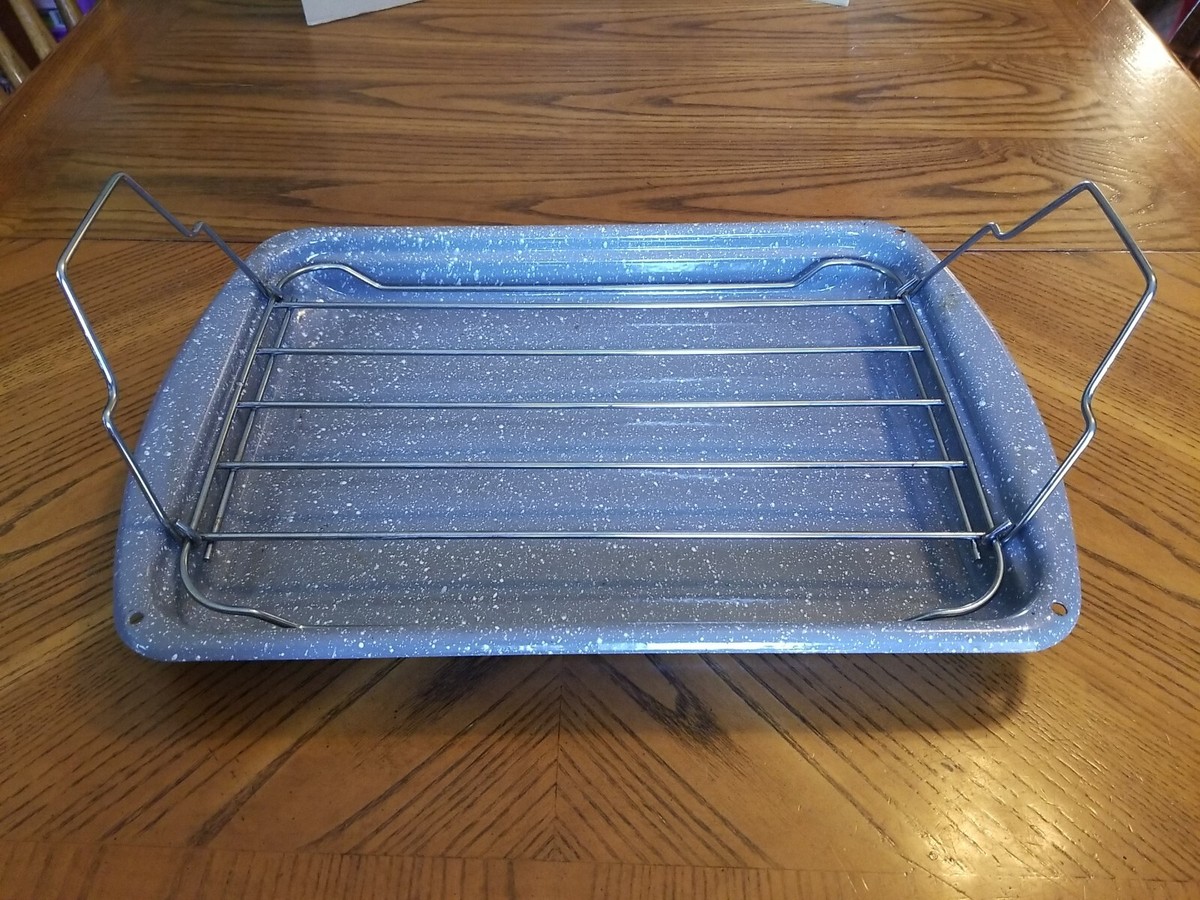 Blue Speckled Enamel Roaster Rectangle Roasting Pan Rack 16x12x2