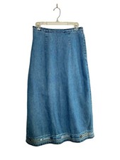 VTG Denim Maxi Skirt Small Elastic Waist Embroidered Y2K Modest Cottagecore 90's
