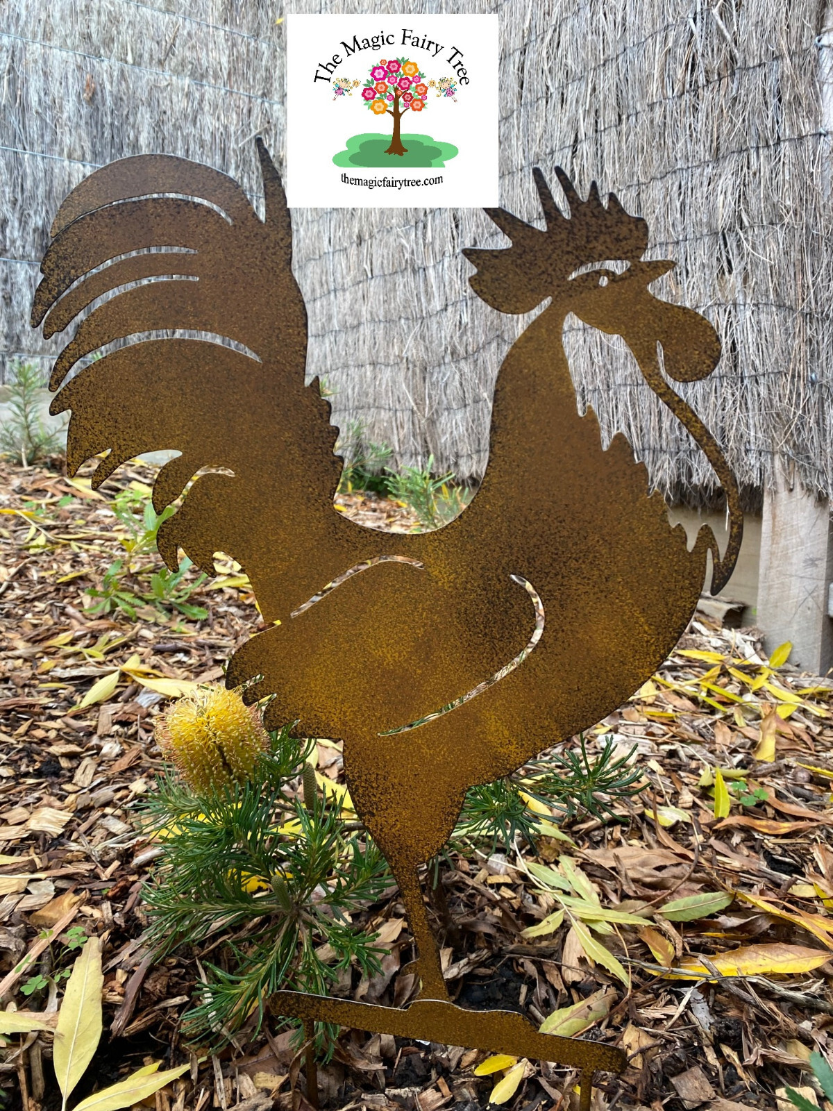 Rustic metal cockerel stake garden sculpture decor bird ornament