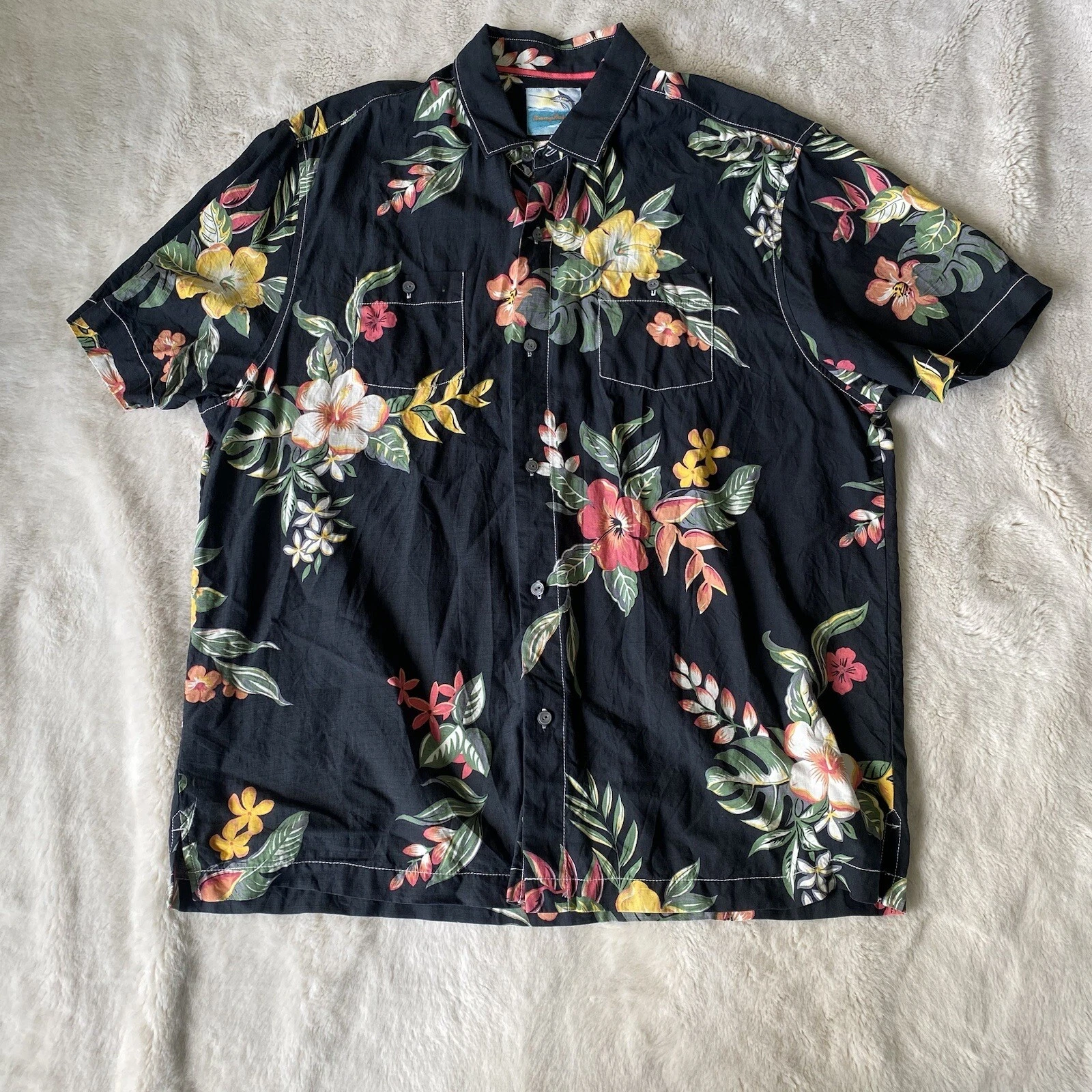 Mens Size XL - Tommy Bahama Silk Hawaiian Black Button Floral Shirt Short Sleeve