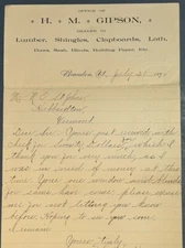 Vintage Billhead - H.M. Gipson Brandon 1894 Lumber Building Material Supplier