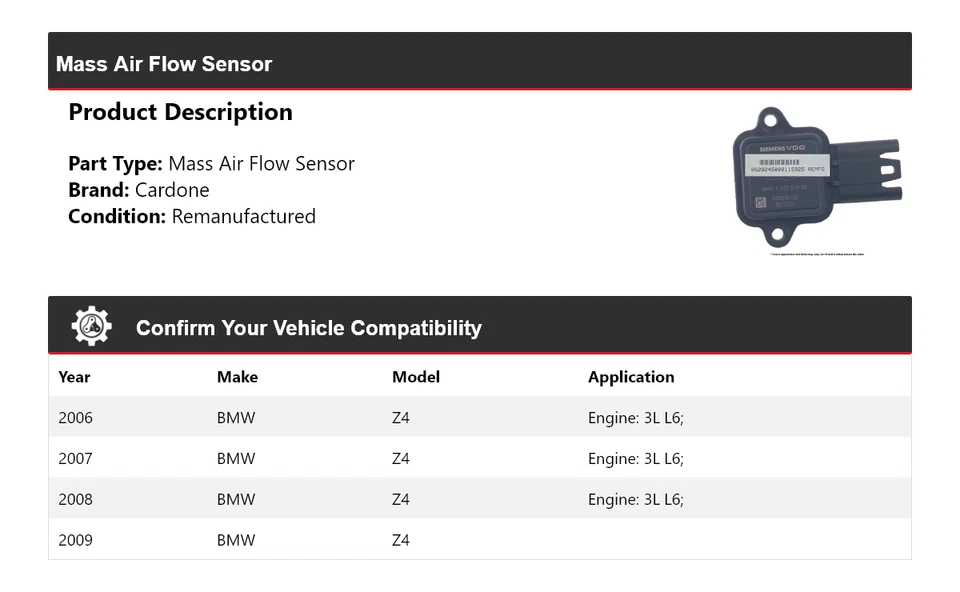 Sensor de flujo de aire másico Cardone 2007 2008 para BMW Z4 2006-2009 Foto 2 de 4