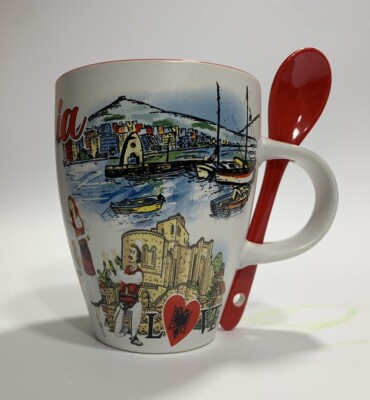NEW ALBANIA COFFEE CUP MUG+SPOON-ALBANIAN DESIGN-SOUVENIR-10.5 CM X 8.2 CM  | eBay